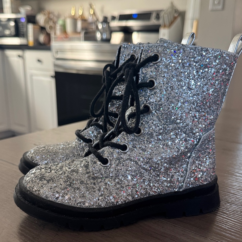 Kids Glittery Silver Combat Boots with Black Laces